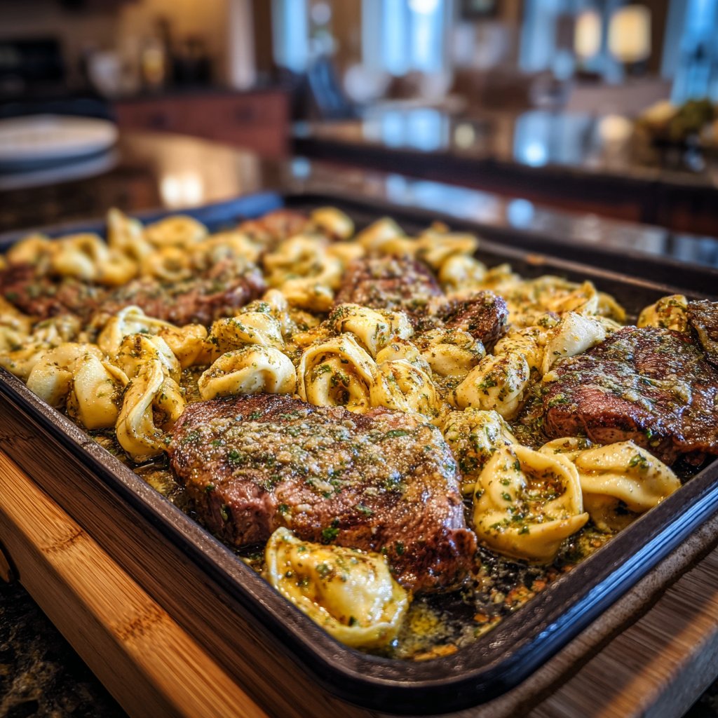 Sheet Pan Garlic Steak Tortellini Dinner
